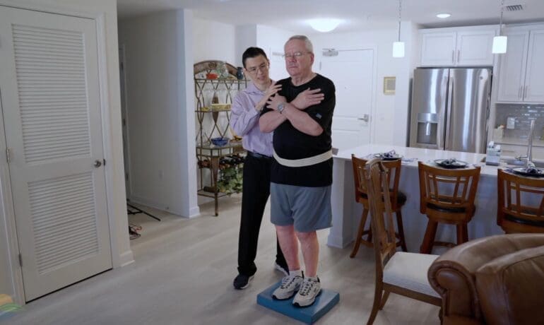 In-home physical therapy session focused on balance and safe mobility